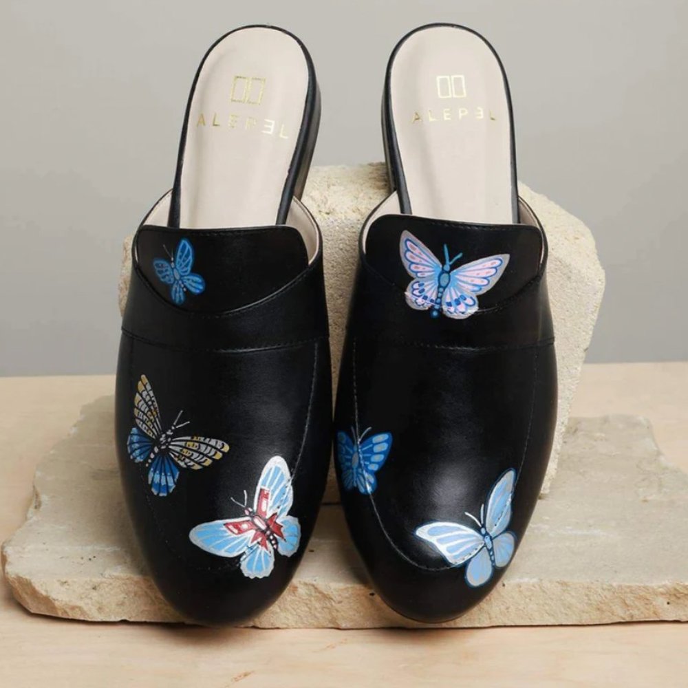 Alepel Blue Butterflies Hand Painted Mules